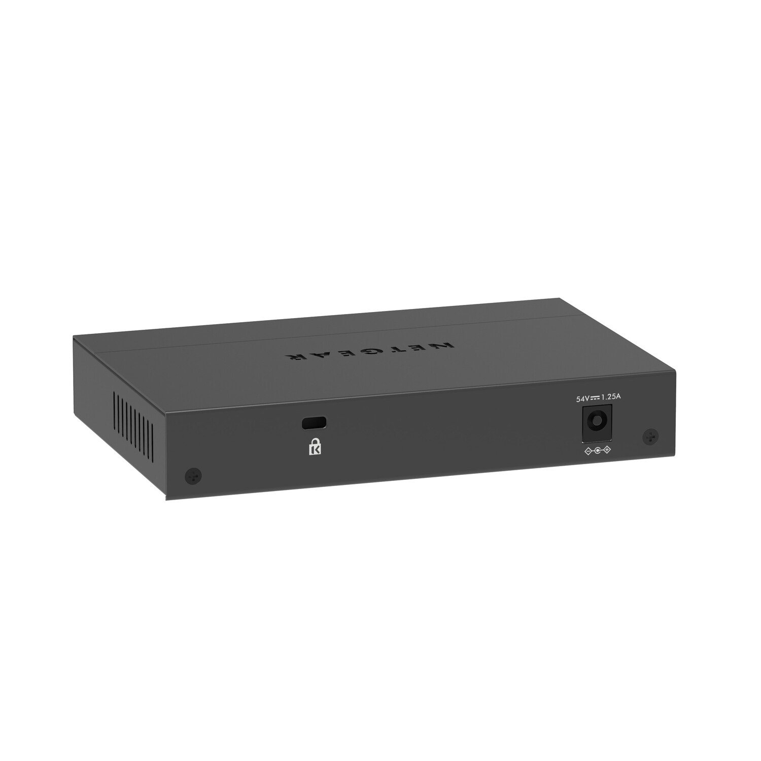 A black network switch with the NETGEAR logo. It has a power port and a lock symbol.