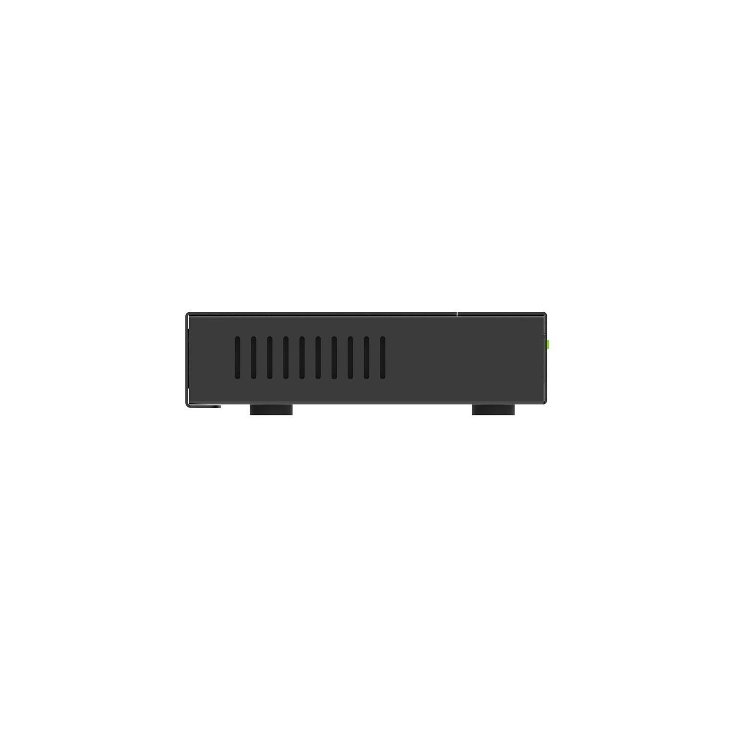 Black network switch, top view, on white background.