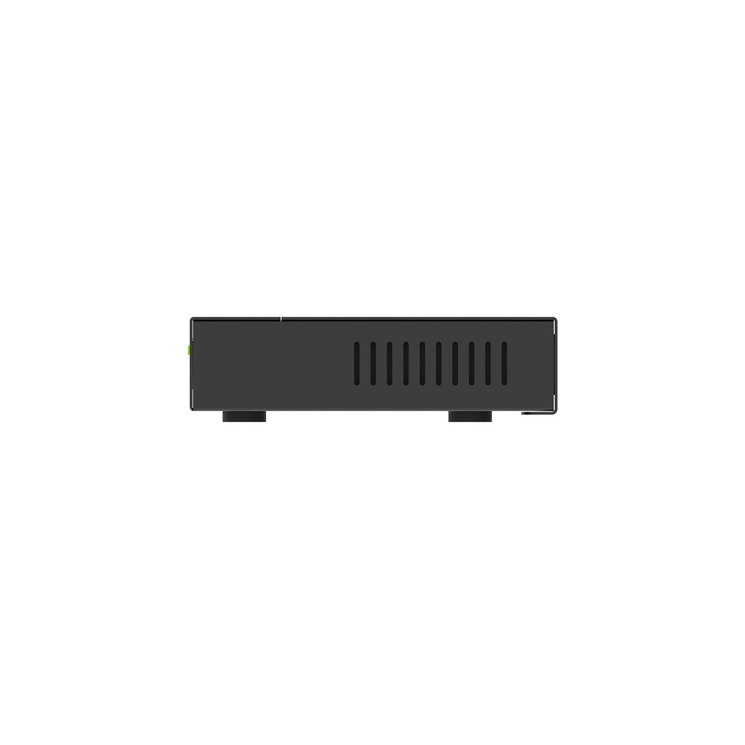Black network device. It has vents and ports on the side. The device is on a white background.