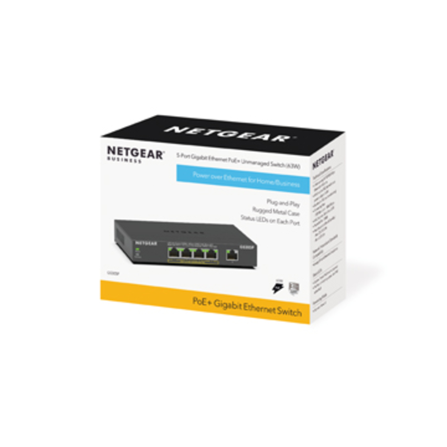 A box of a Netgear switch. The box has the Netgear and product details, with a switch inside.