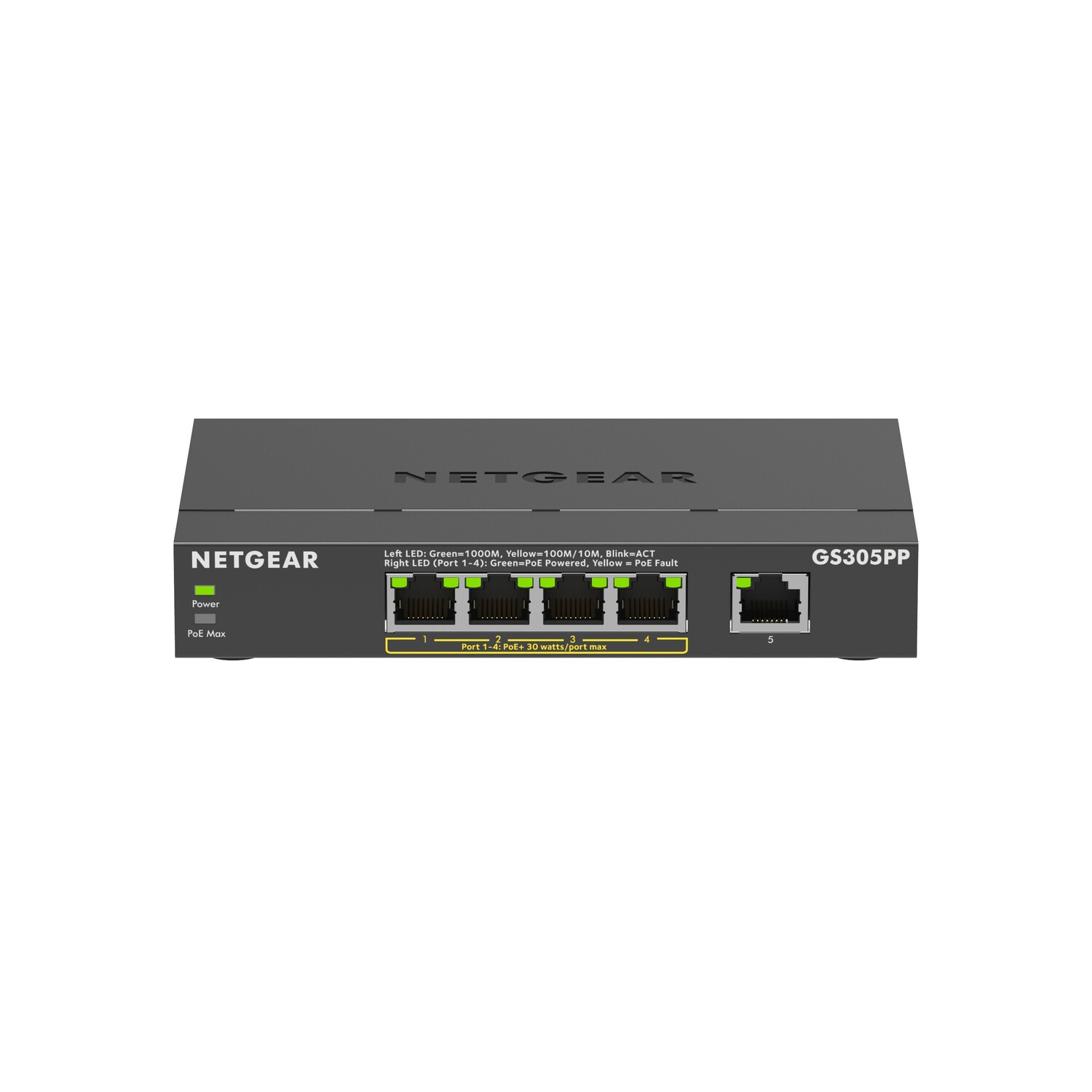 Black network switch with ports. Shows power and port status LEDs. The Netgear logo is on top.