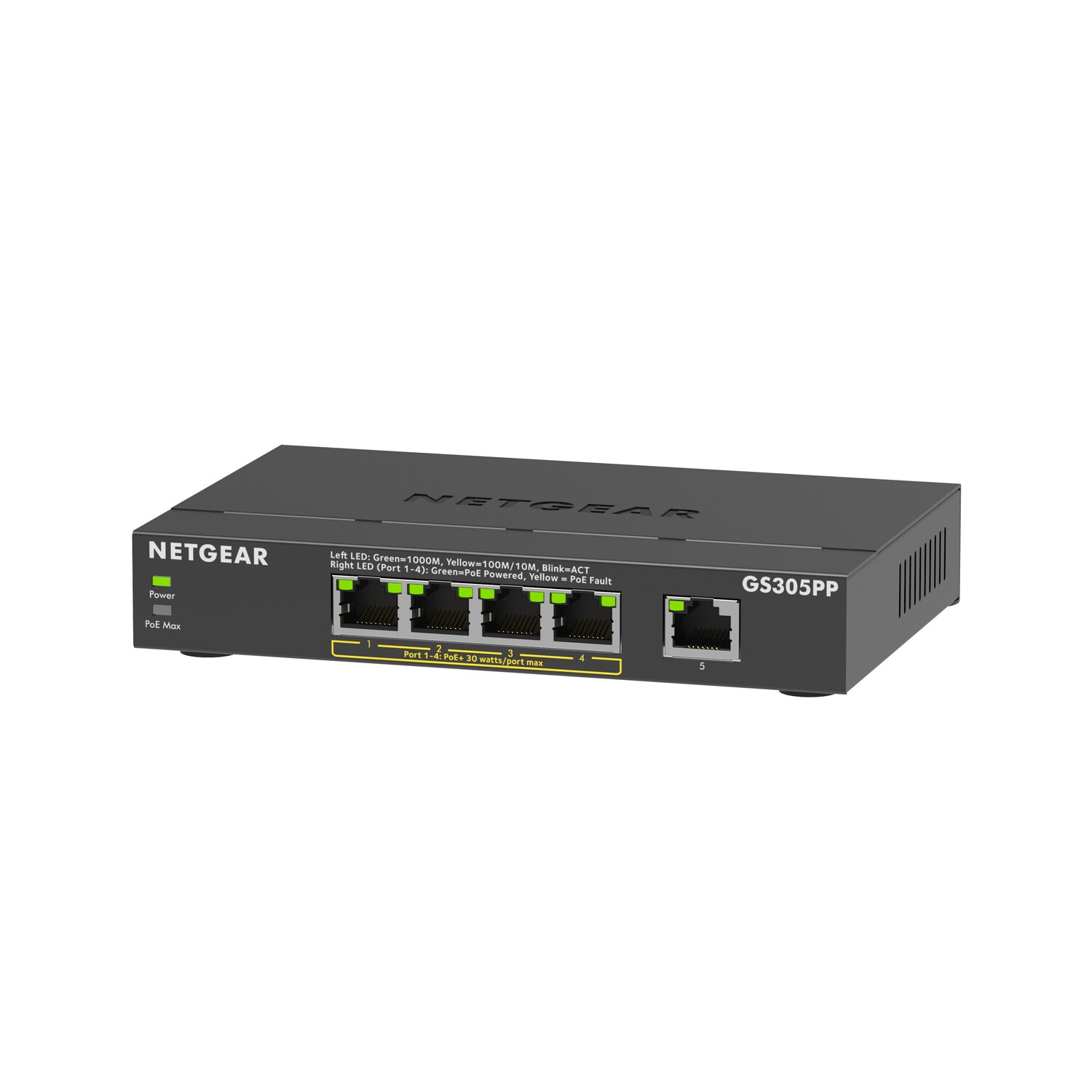 A black Netgear GS305PP switch with five ports. It has power and PoE Max lights.