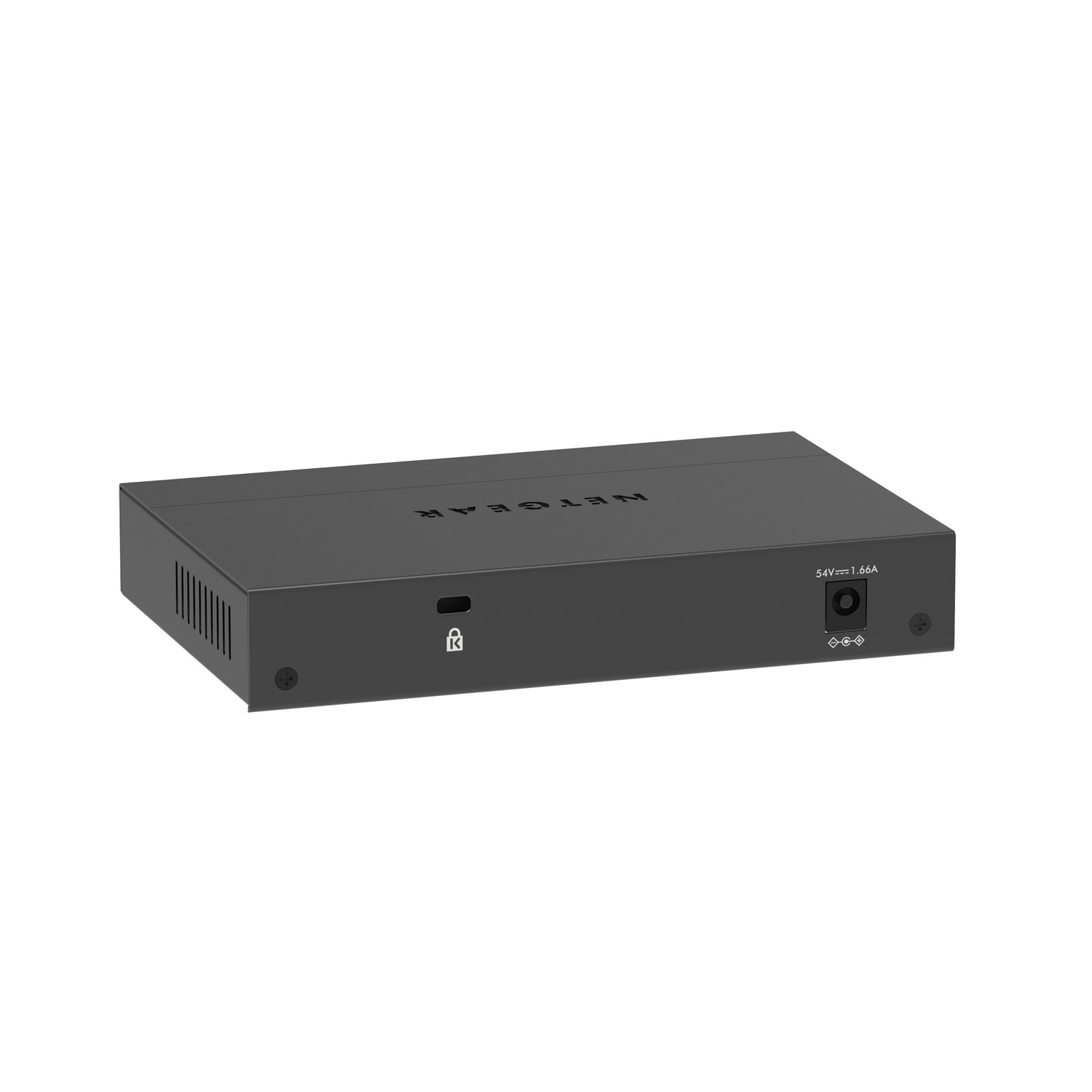 Black Netgear network switch. Has a power port and a lock icon, on a white background.