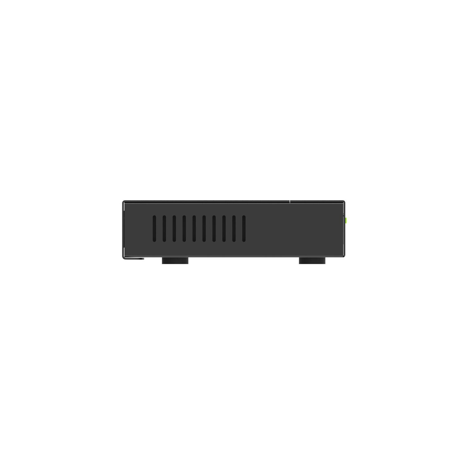 A black network switch, top view. The device has vents and stands on two feet.