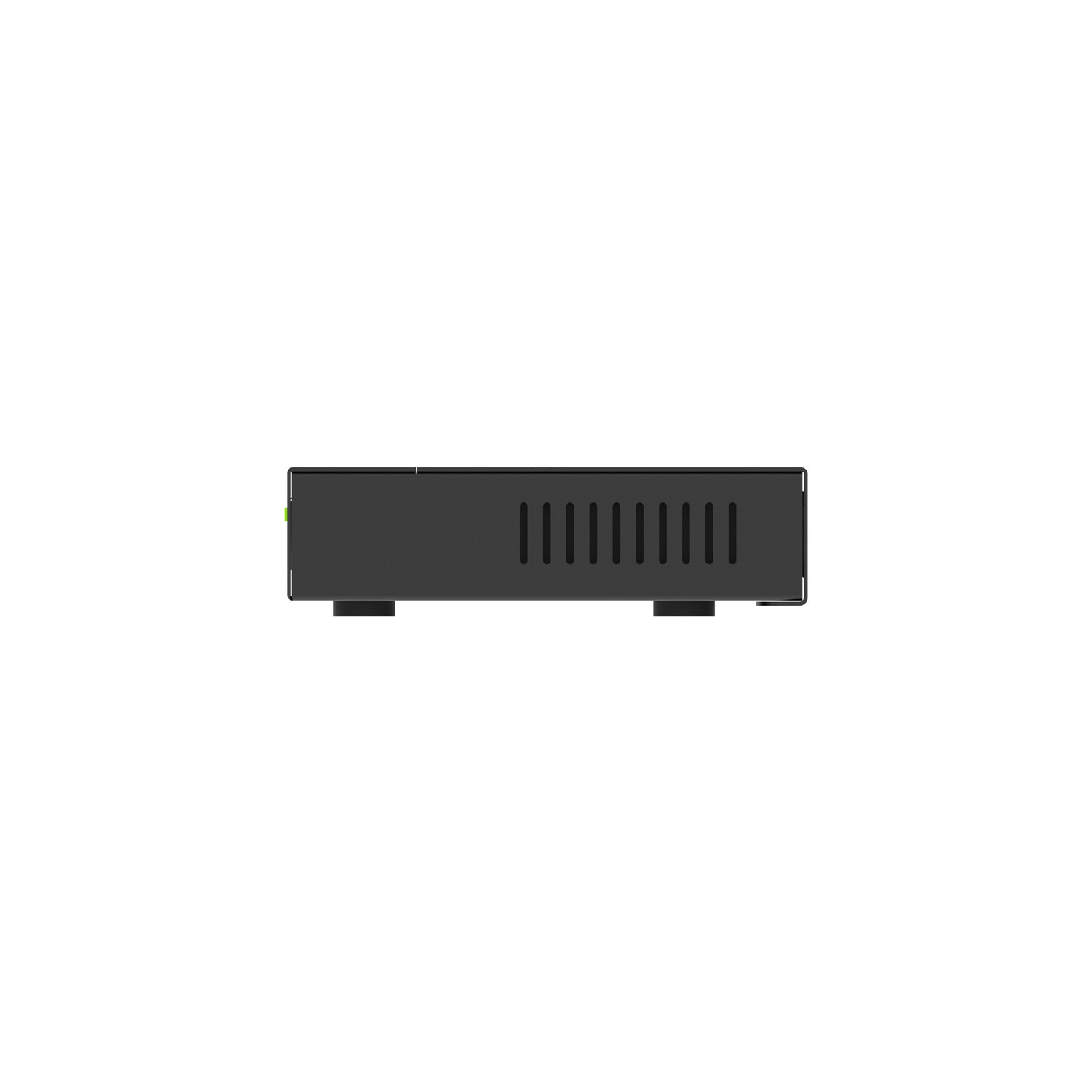 Top view of a black network device with vents and green power indicator.