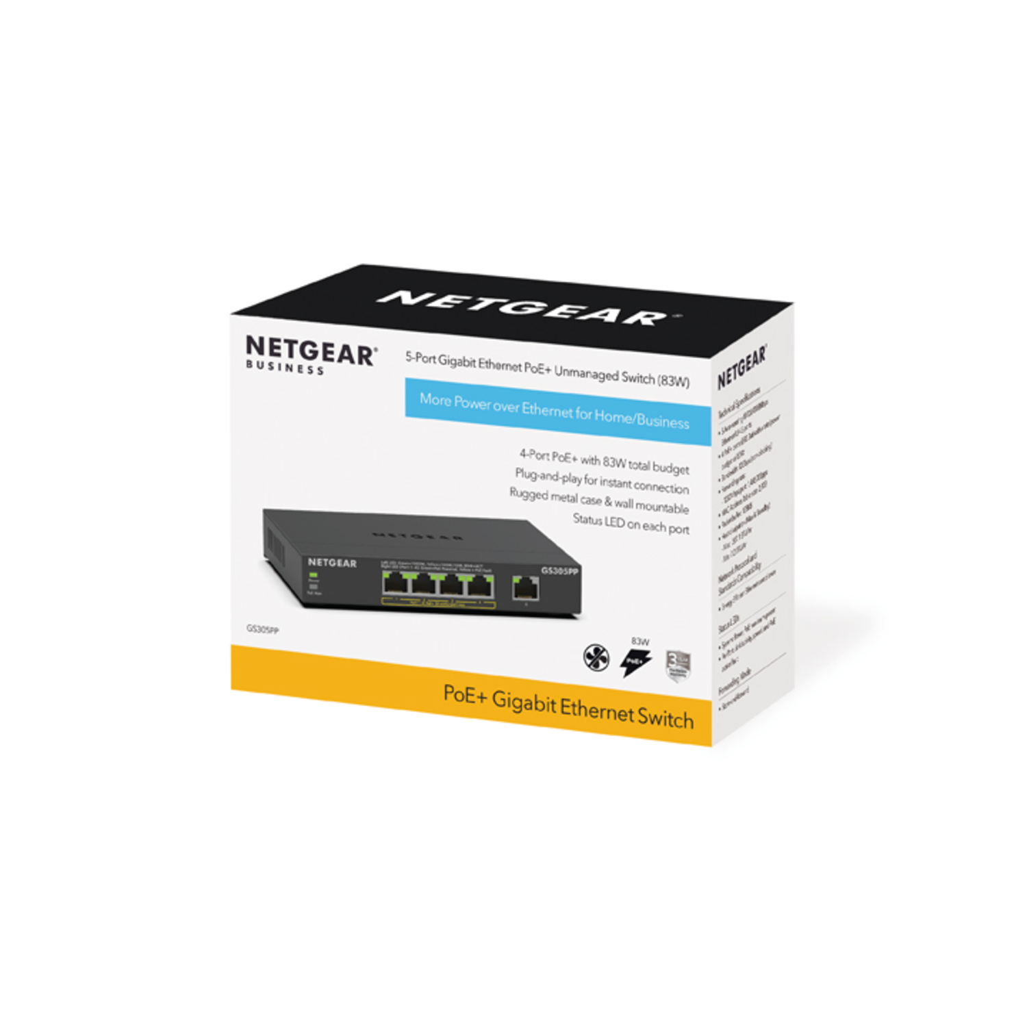 Netgear switch box. White box with product details and a black switch inside.