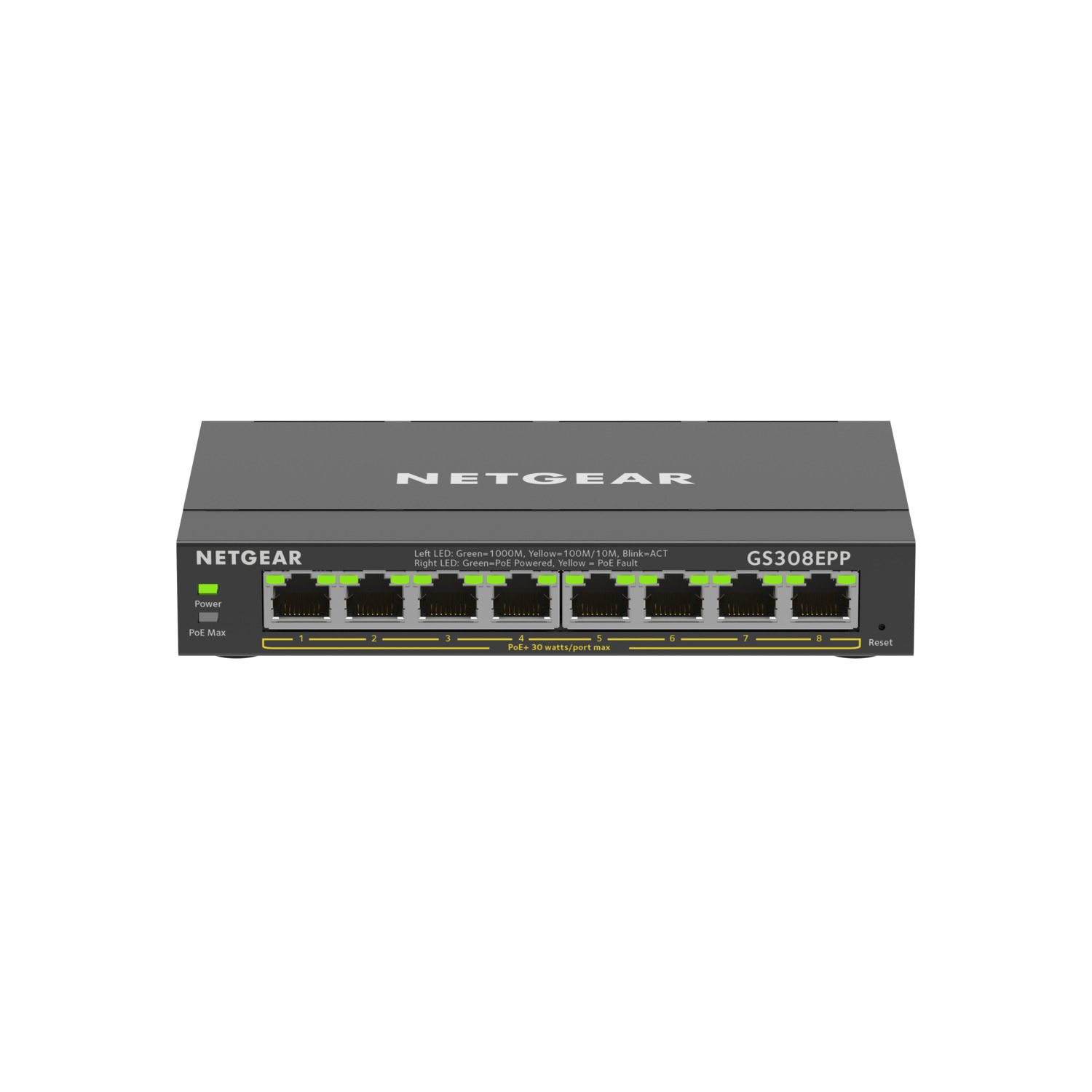 A NETGEAR GS308EPP network switch. It has eight ports and indicator lights. White background.