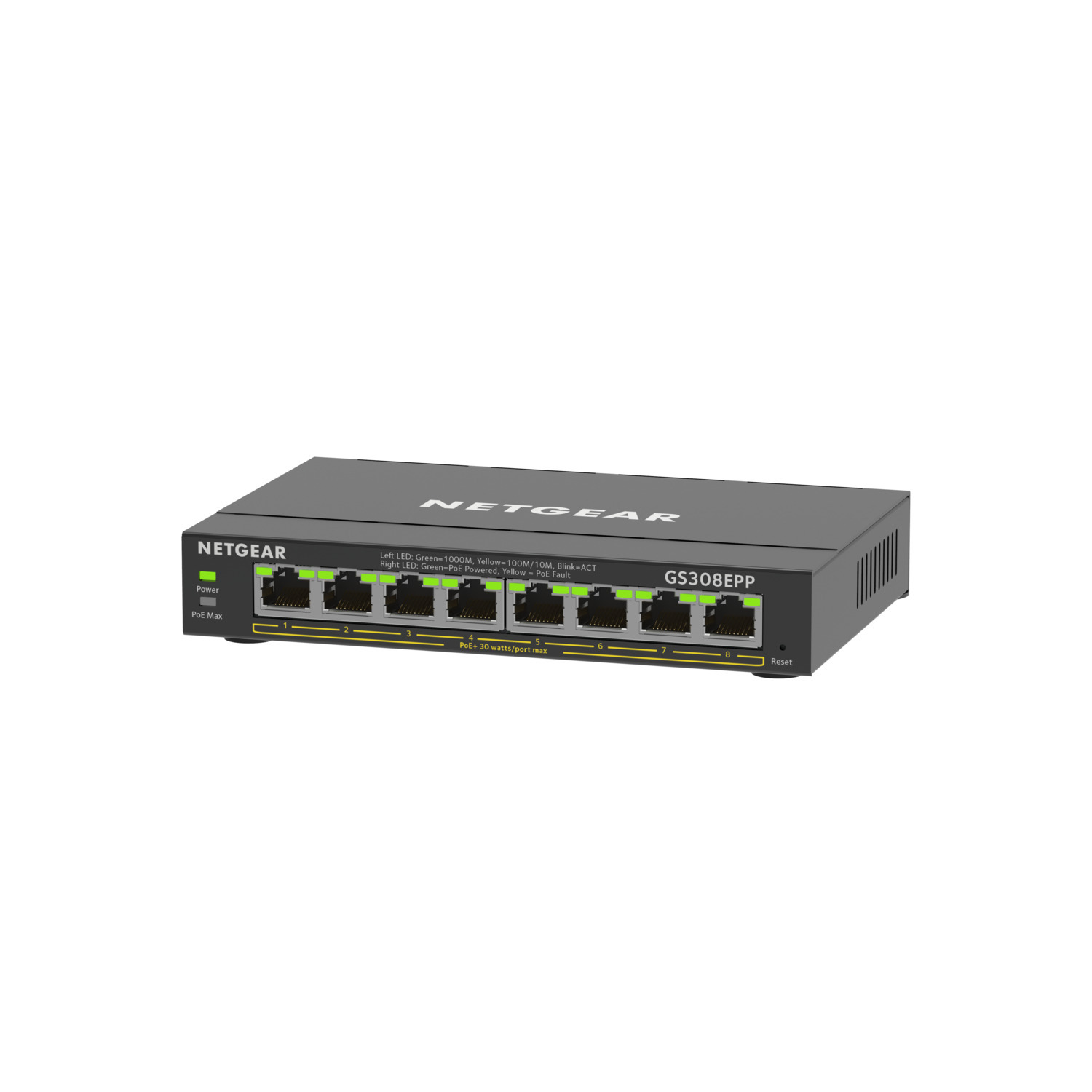 Black Netgear network switch, front view, with ports and indicator lights.