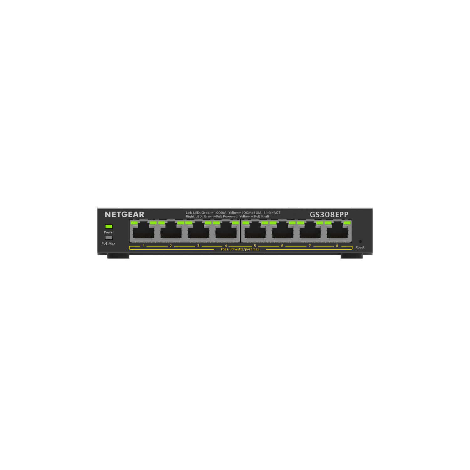 A black network switch with green LEDs and ports.