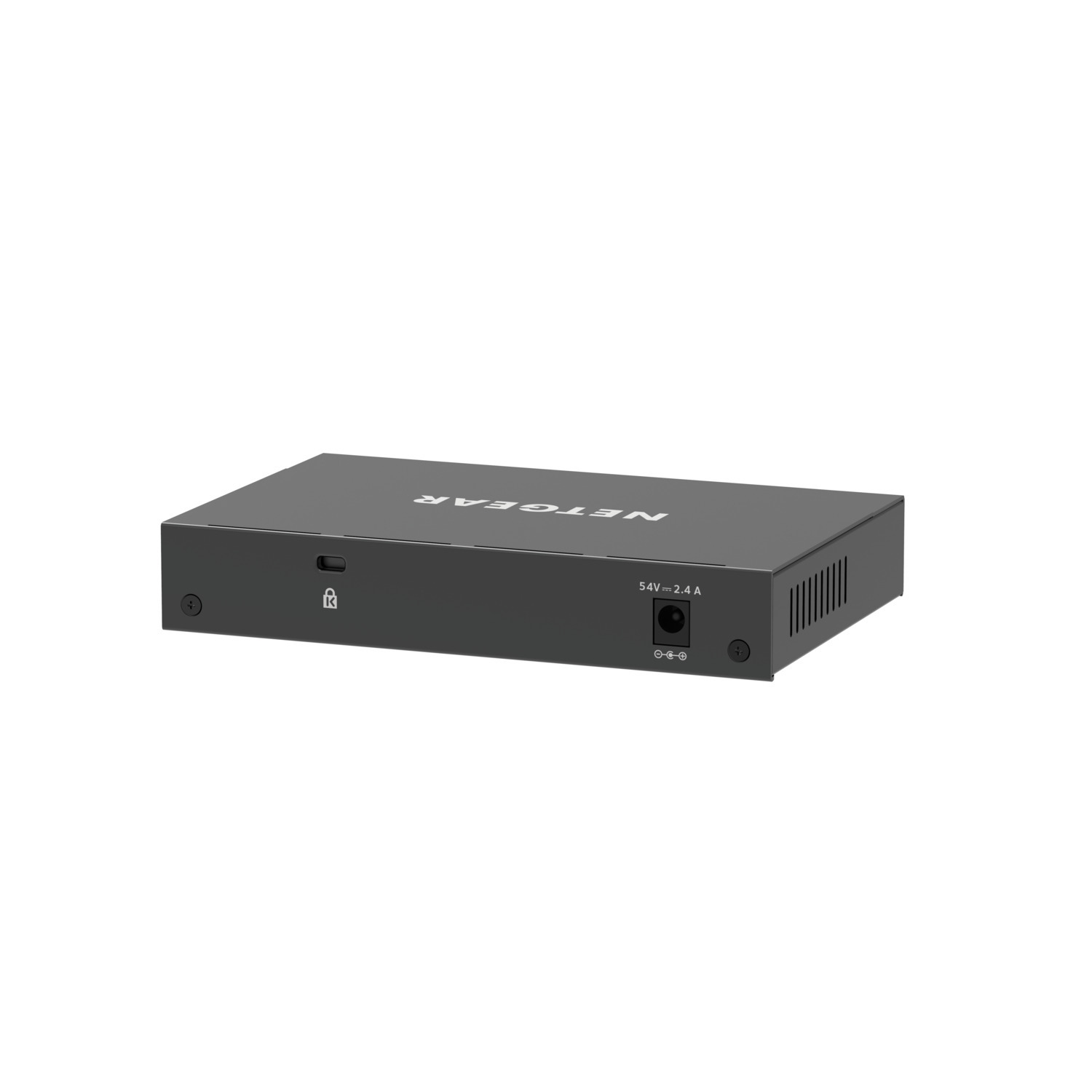 A black NETGEAR device. It has ports on one side and a power input. The logo is visible.
