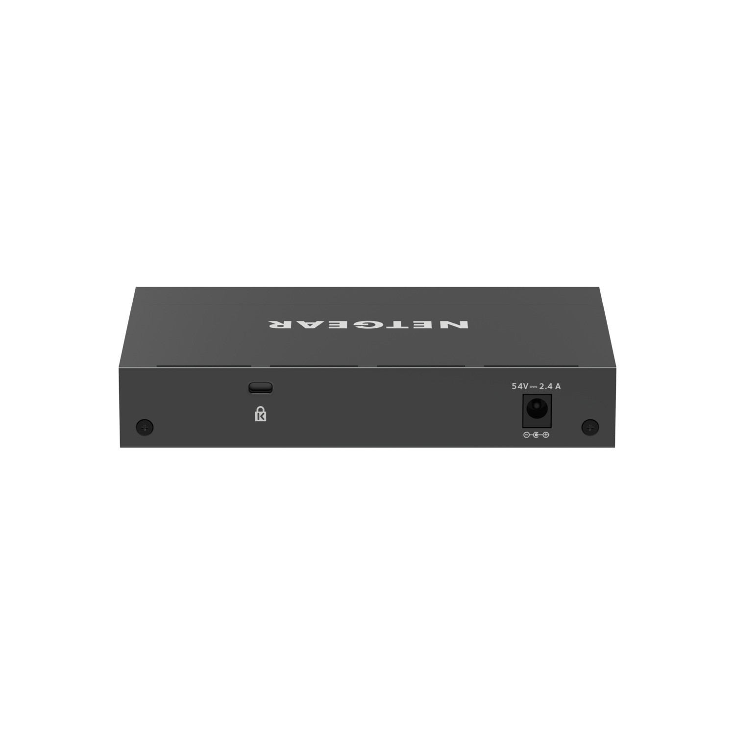 A black rectangular NETGEAR device with ports on one side and a power input.