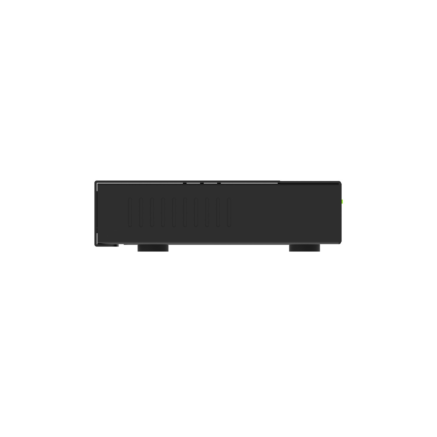Black network switch seen from the side on a white background.