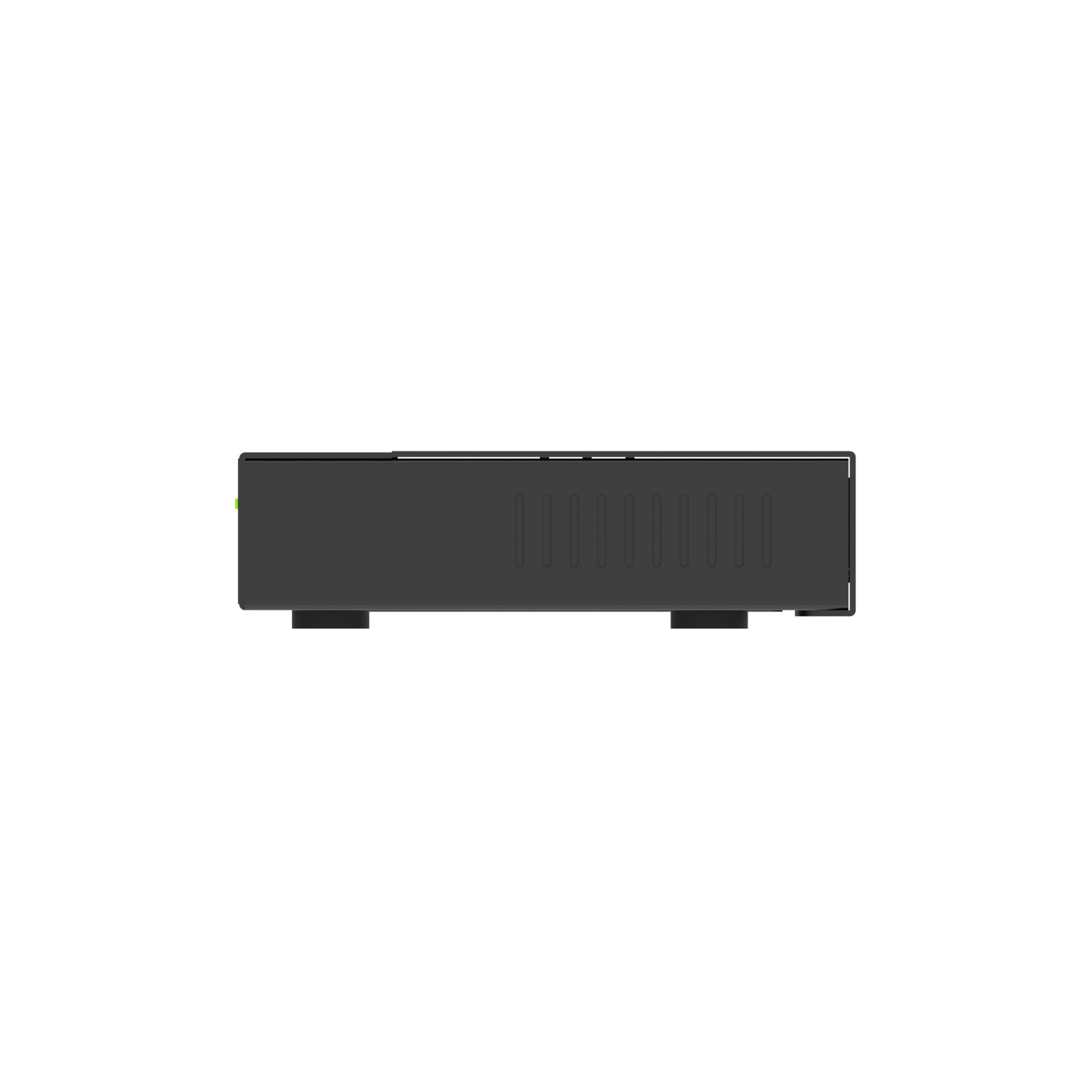 Black network switch, side view, on a white surface.
