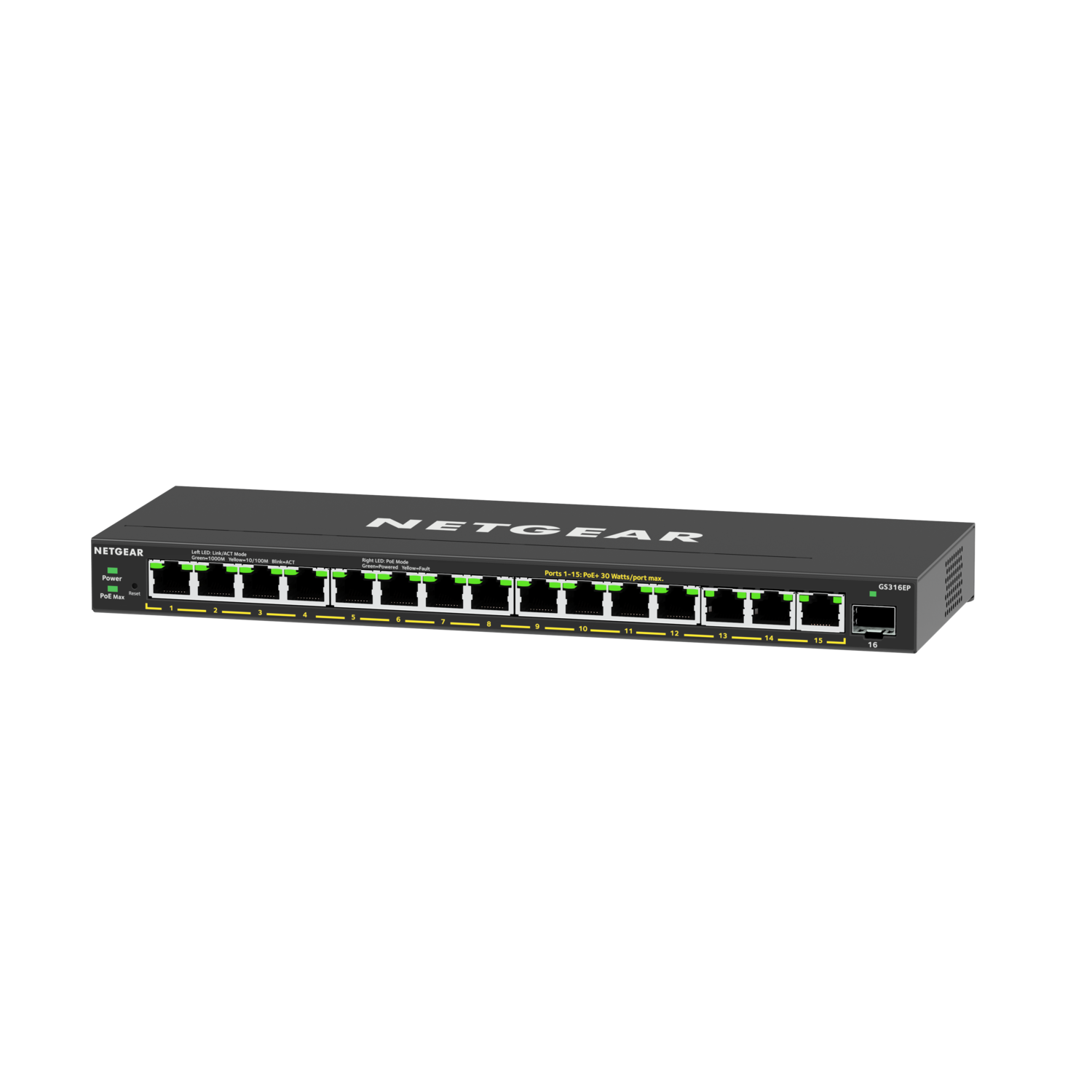 Zwarte NETGEAR switch met 16 poorten, groene lampjes en nummers op de poorten, geïsoleerd op zwarte achtergrond.