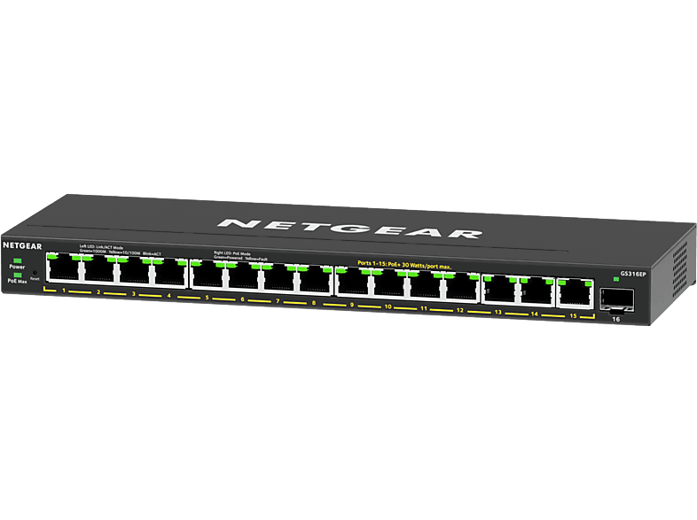 Netgear Switch 16-port Poe+ Gigabit Ethernet Plus 180w Sfp Port Zwart (gs316ep-100pes)