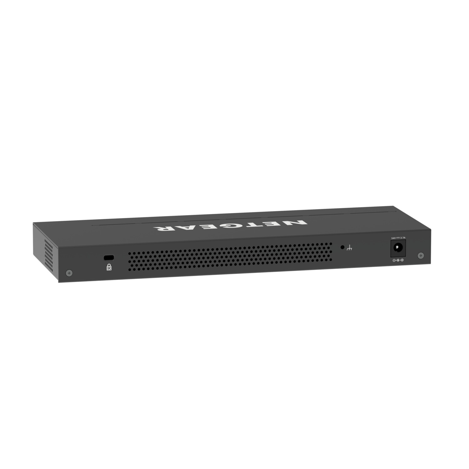Een zwarte netwerkswitch met poorten en het NETGEAR-logo op een witte achtergrond.