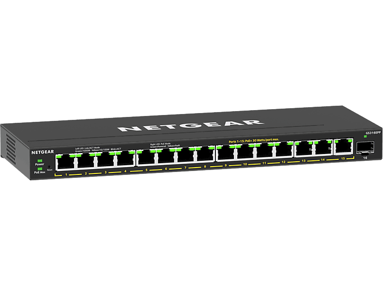 Netgear Switch 16-port Poe+ Gigabit Ethernet Plus 231w Sfp Port Zwart (gs316epp-100pes)