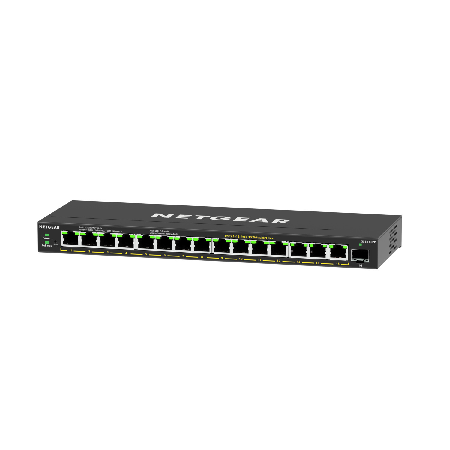 Commutateur Netgear 16 ports noir. Ports et voyants d'état visibles.