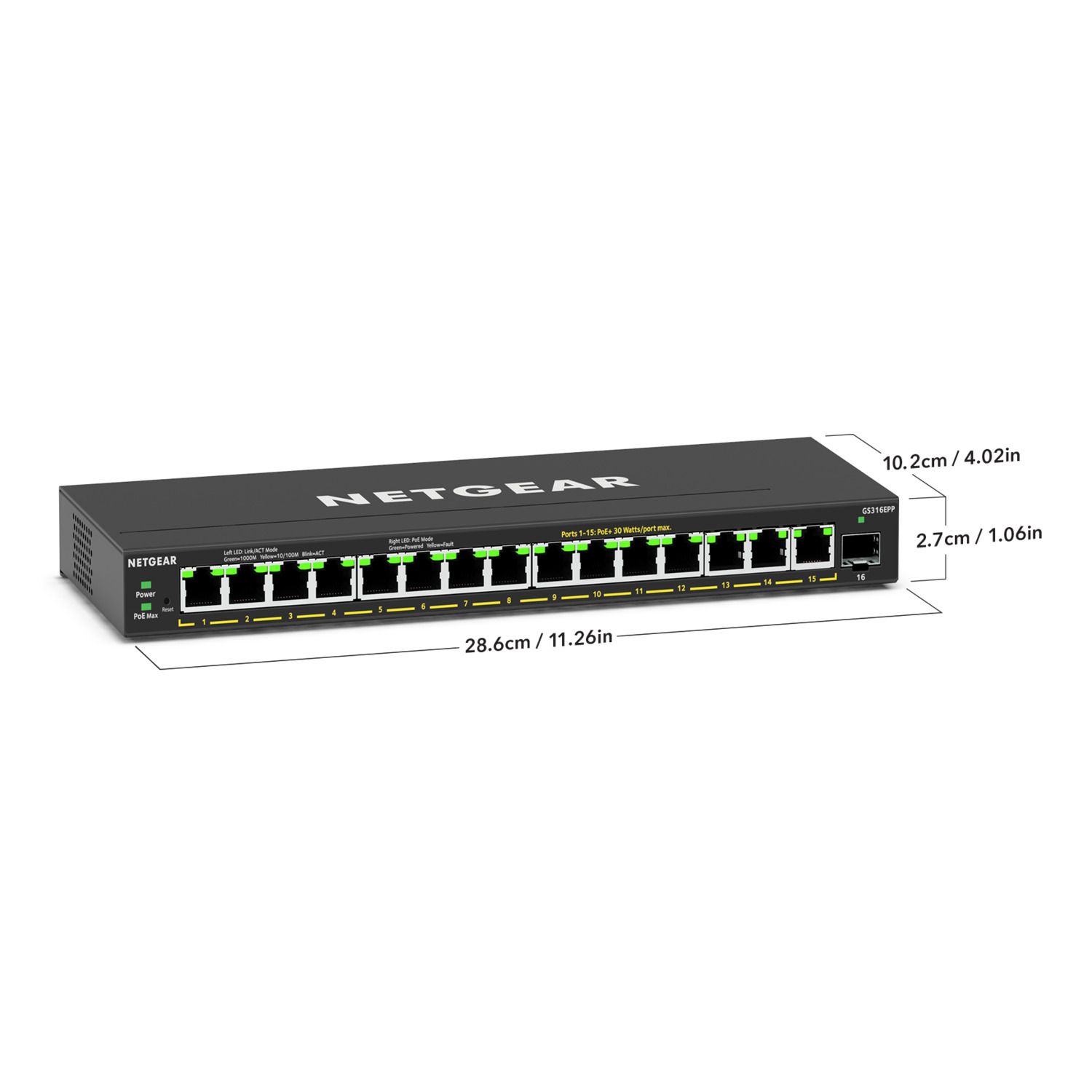 Un commutateur Netgear noir avec des ports étiquetés, avec des mesures en cm et en pouces.