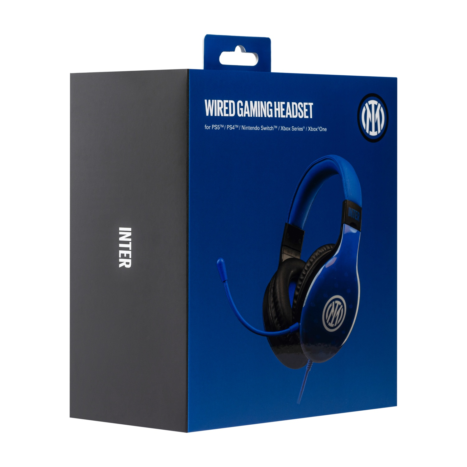Cuffie da gioco cablate in scatola, blu e nere, con logo e marchio Inter.