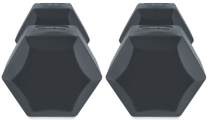 Dwie ciemnoszare sześciokątne hantle, z płaskimi powierzchniami wierzchnimi.