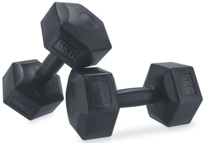 Dwie czarne sześciokątne hantle, każda z napisem '6KG' i marką 'Spokey'.