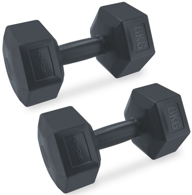 Dwie czarne hantle, każda z oznaczeniem 6KG. Mają sześciokątny kształt z nazwą marki.