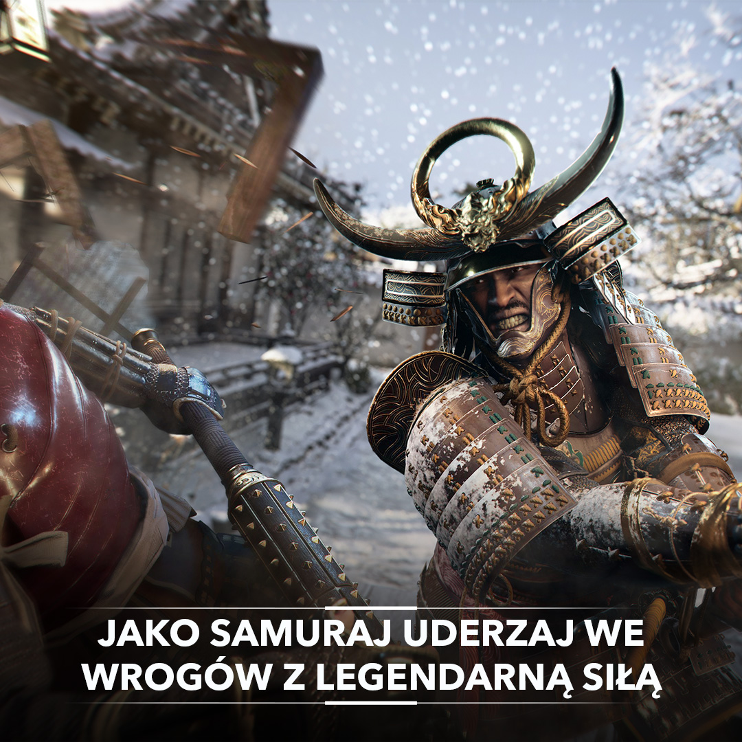 Samuraj w scenie bitwy, z zaśnieżonym tłem.
