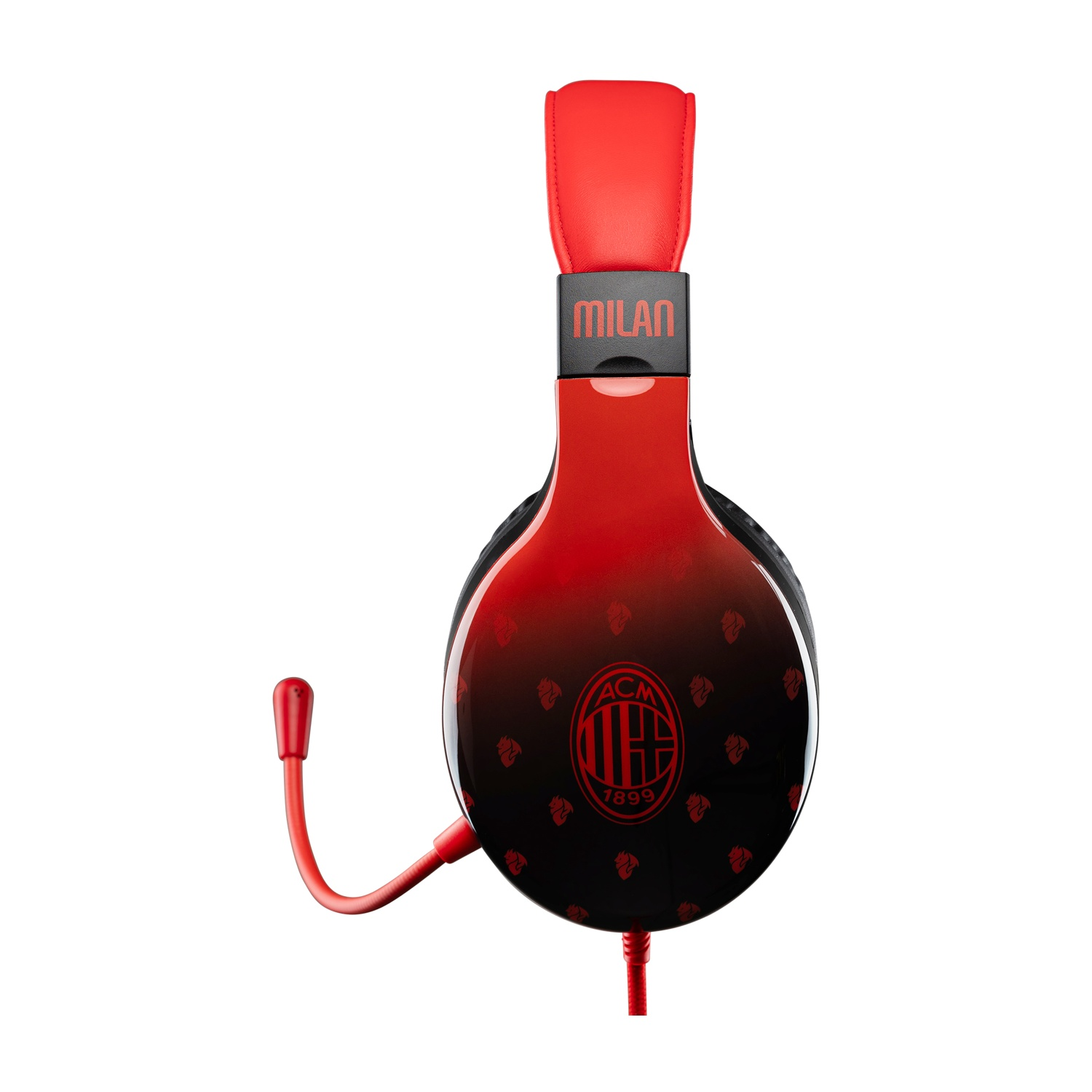 Cuffie rosse e nere con il logo del Milan. Il microfono è rosso. Sfondo bianco.