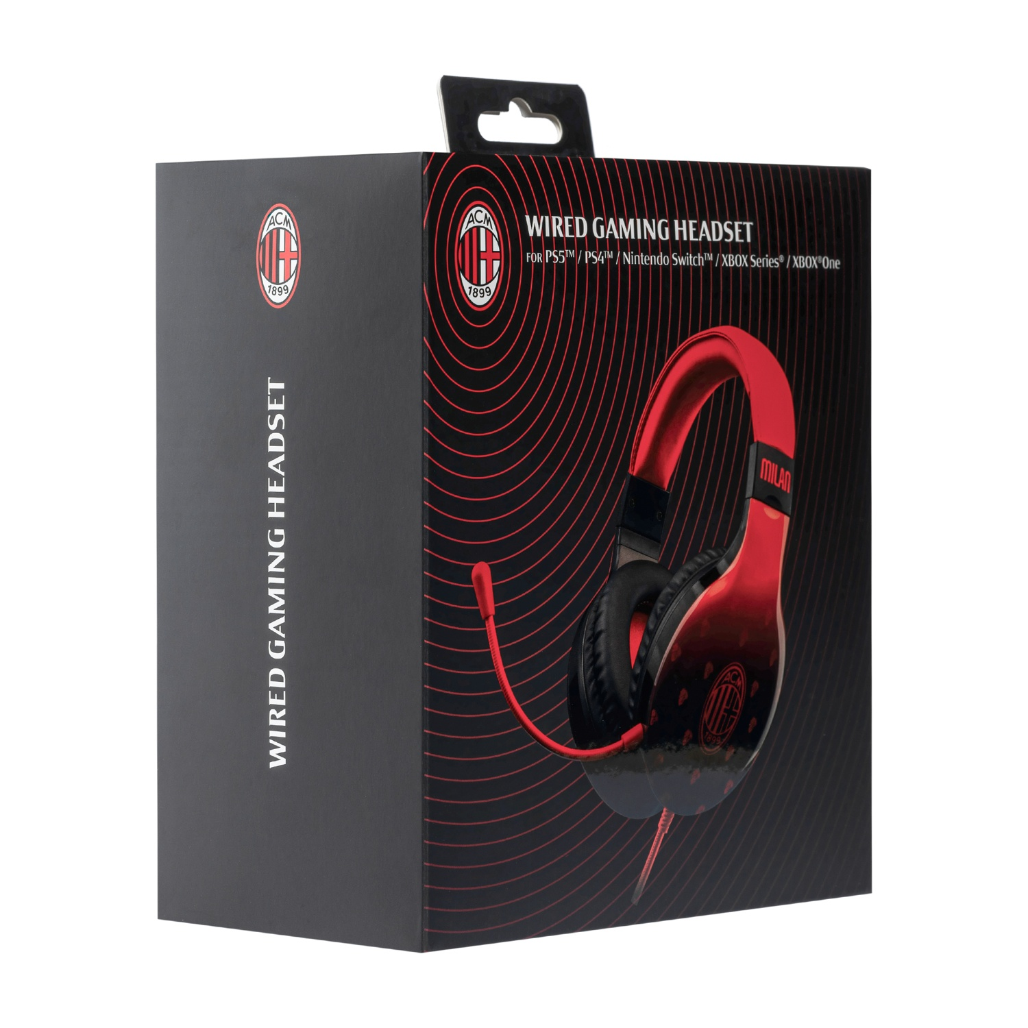 Una scatola nera con cuffie da gaming rosse con filo, con logo Milan.