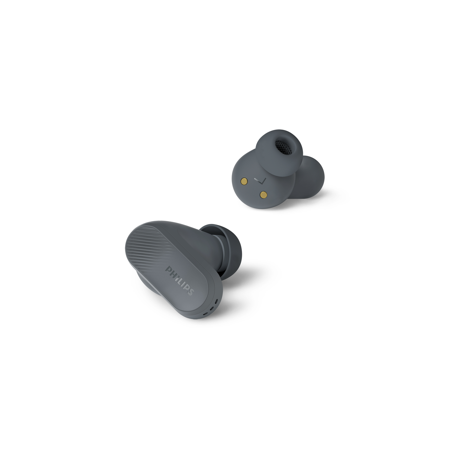 Two gray Philips earbuds on a white background. Close-up shot.