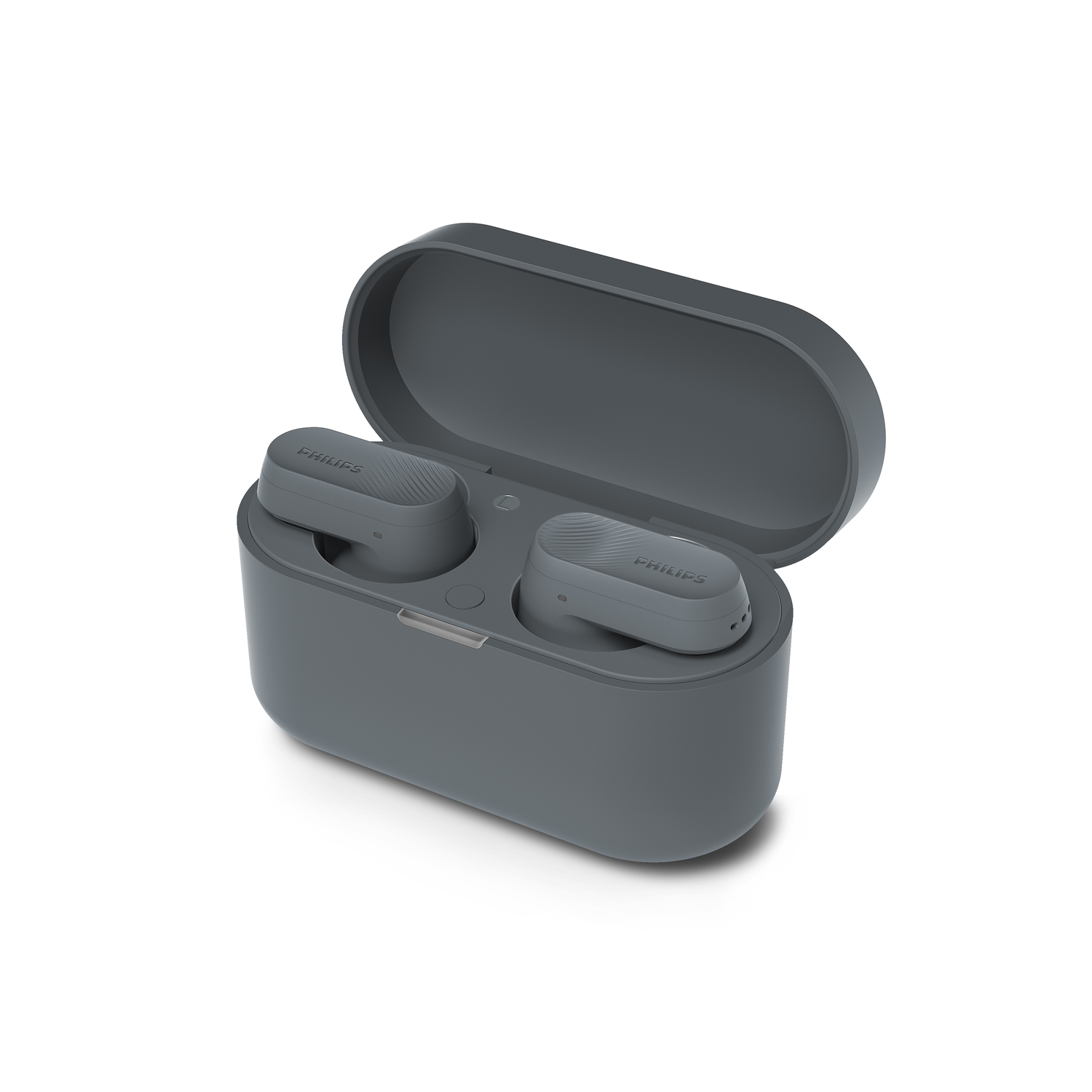 Gray wireless earbuds and charging case on a white background.
