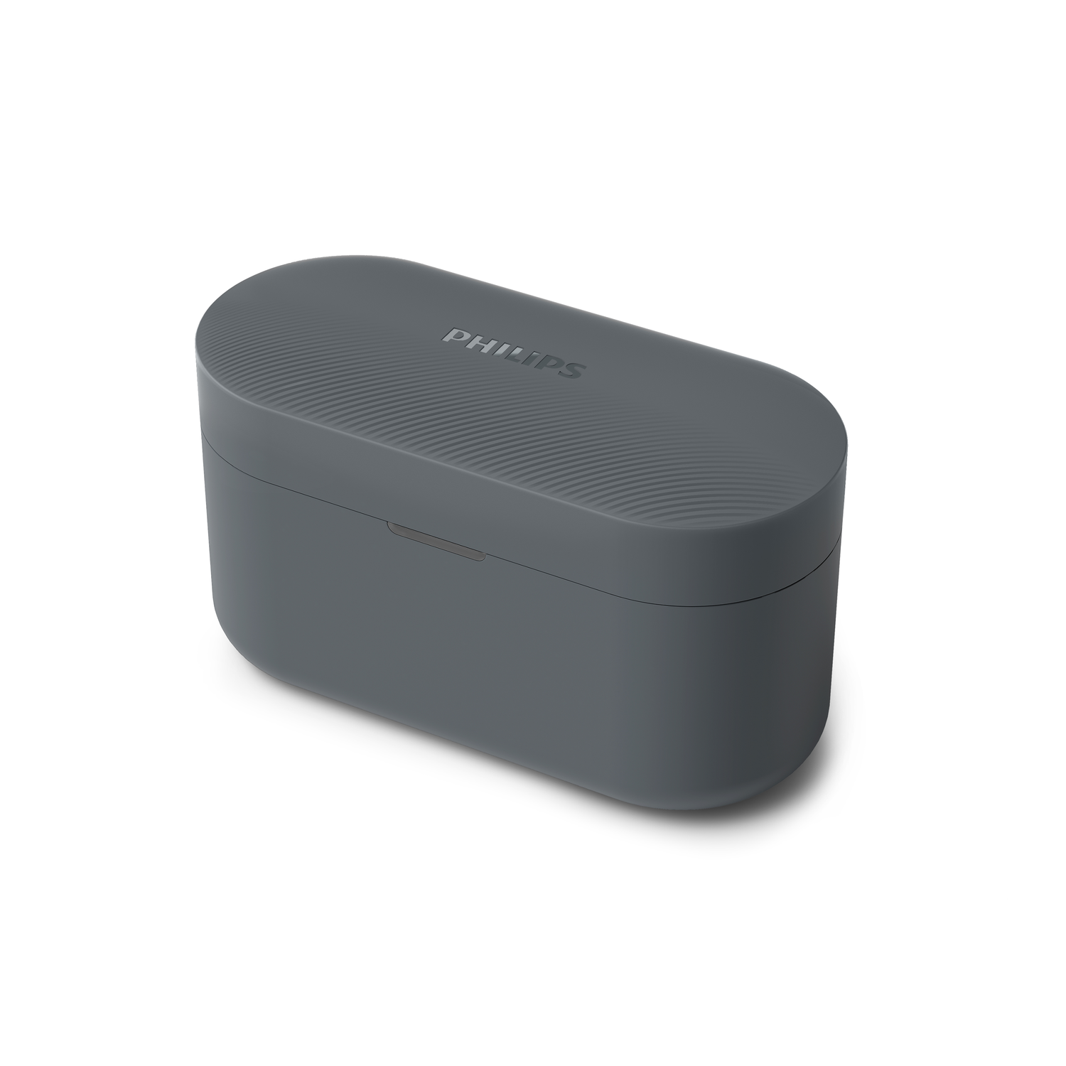 A gray, oval-shaped case for earphones, with the Philips logo on the top.