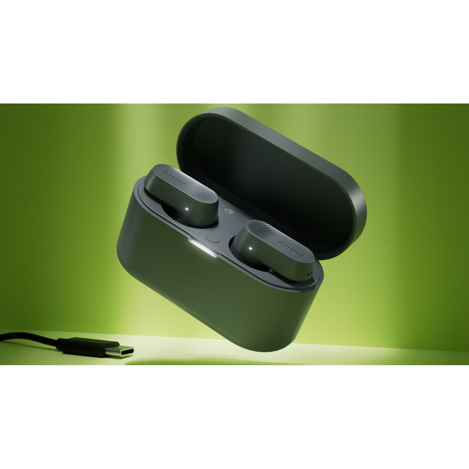Wireless earbuds and charging case, floating in the air on a green background.