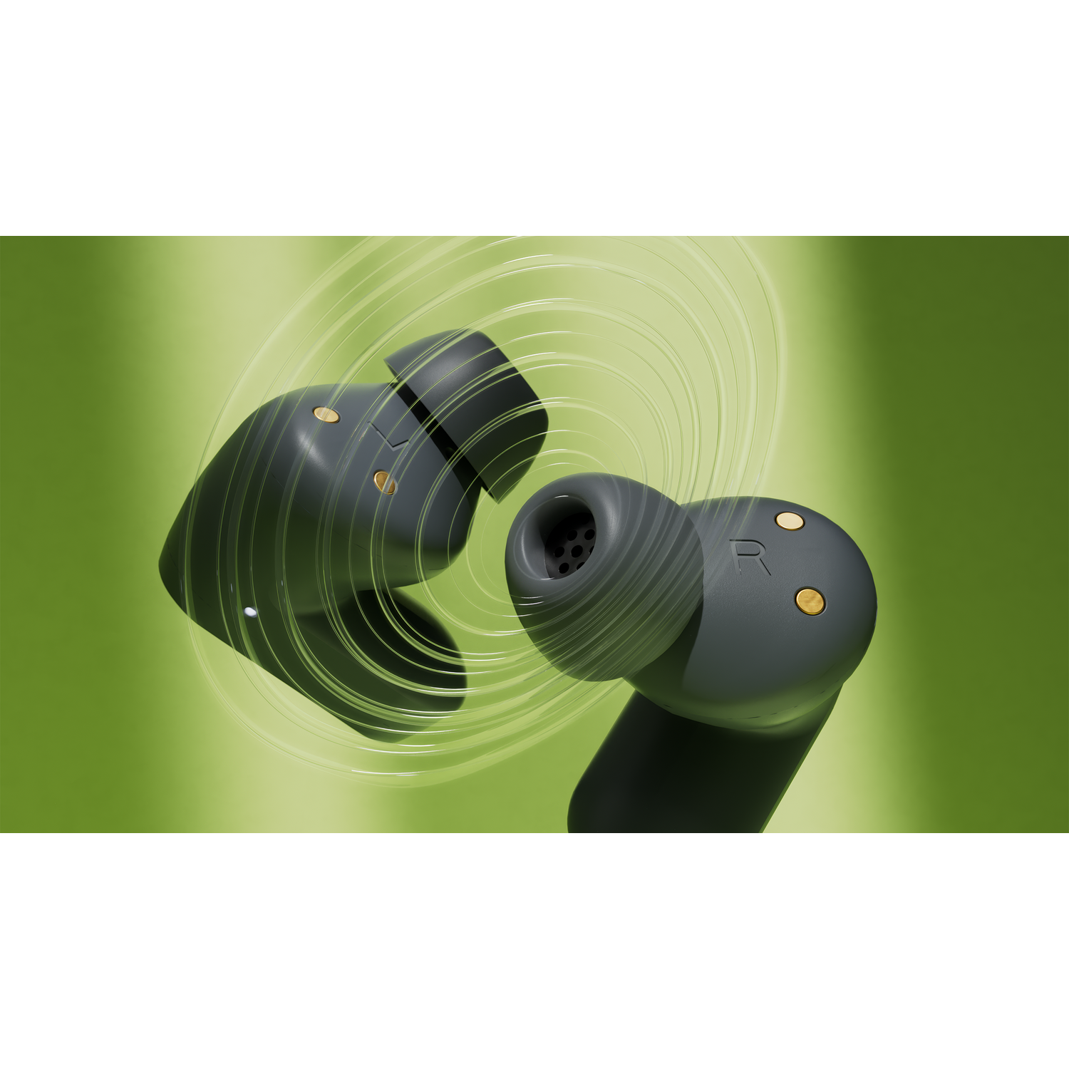 Close-up of two dark green earbuds with a green background and white circles.