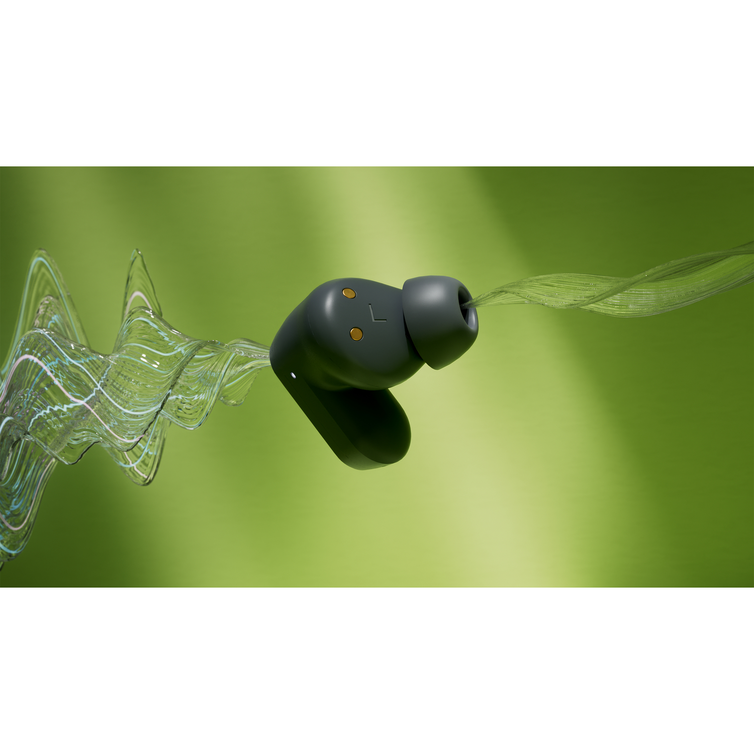Earbud with green color and wavy lines. The earbud is shown in a side view against green background.