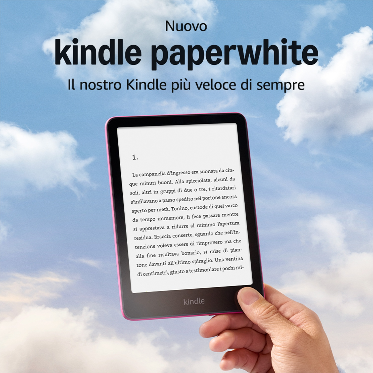 Mano che tiene un Kindle Paperwhite. Testo: 'Nuevo kindle paperwhite Il nostro Kindle'.