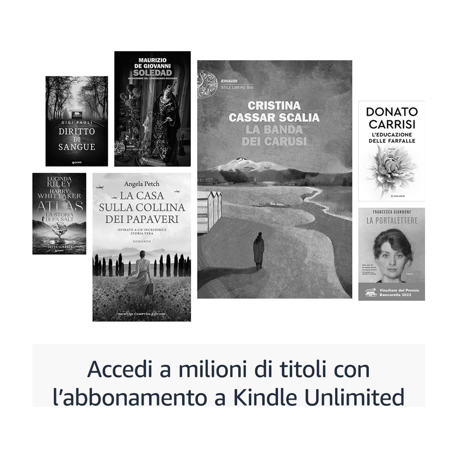 Selezione di libri con testo: 'Accedi a milioni di titoli...'.