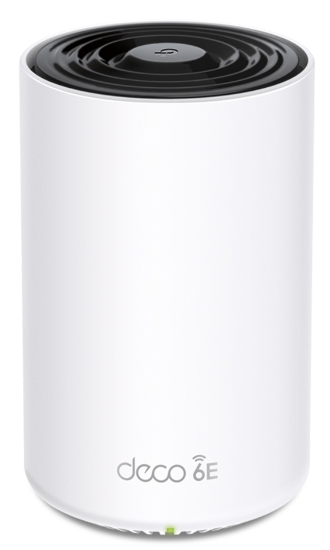 Biały cylindryczny router z czarnym wierzchem. Marka to Deco 6E, z zielonym światłem.