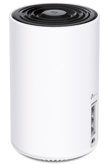 Białe cylindryczne urządzenie TP-Link z czarnym wierzchem. Porty i wejście zasilania z tyłu.