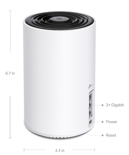 Biały cylindryczny router z portami, wymiarami i etykietami.