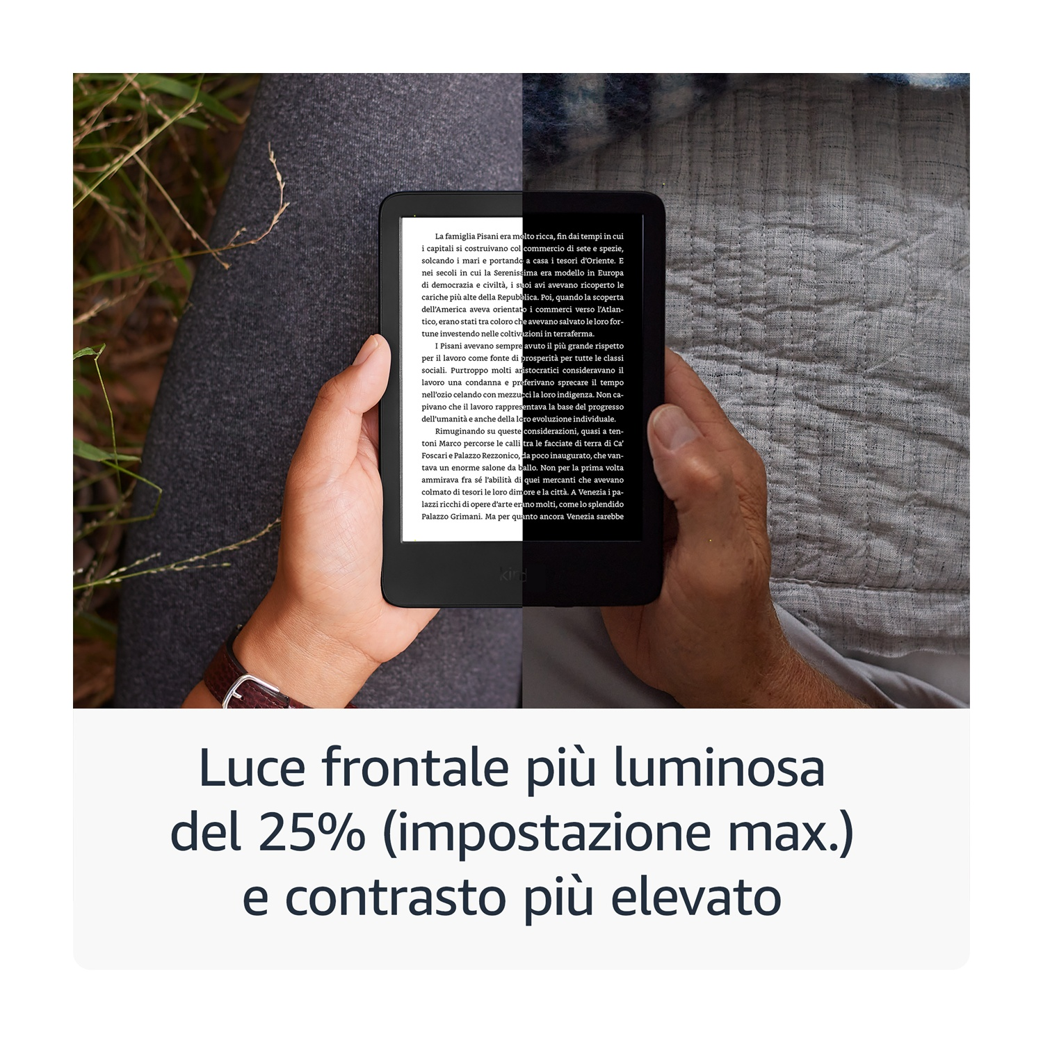Una persona tiene in mano un Kindle. Lo schermo mostra del testo e l'immagine è oscurata. Testo sotto.