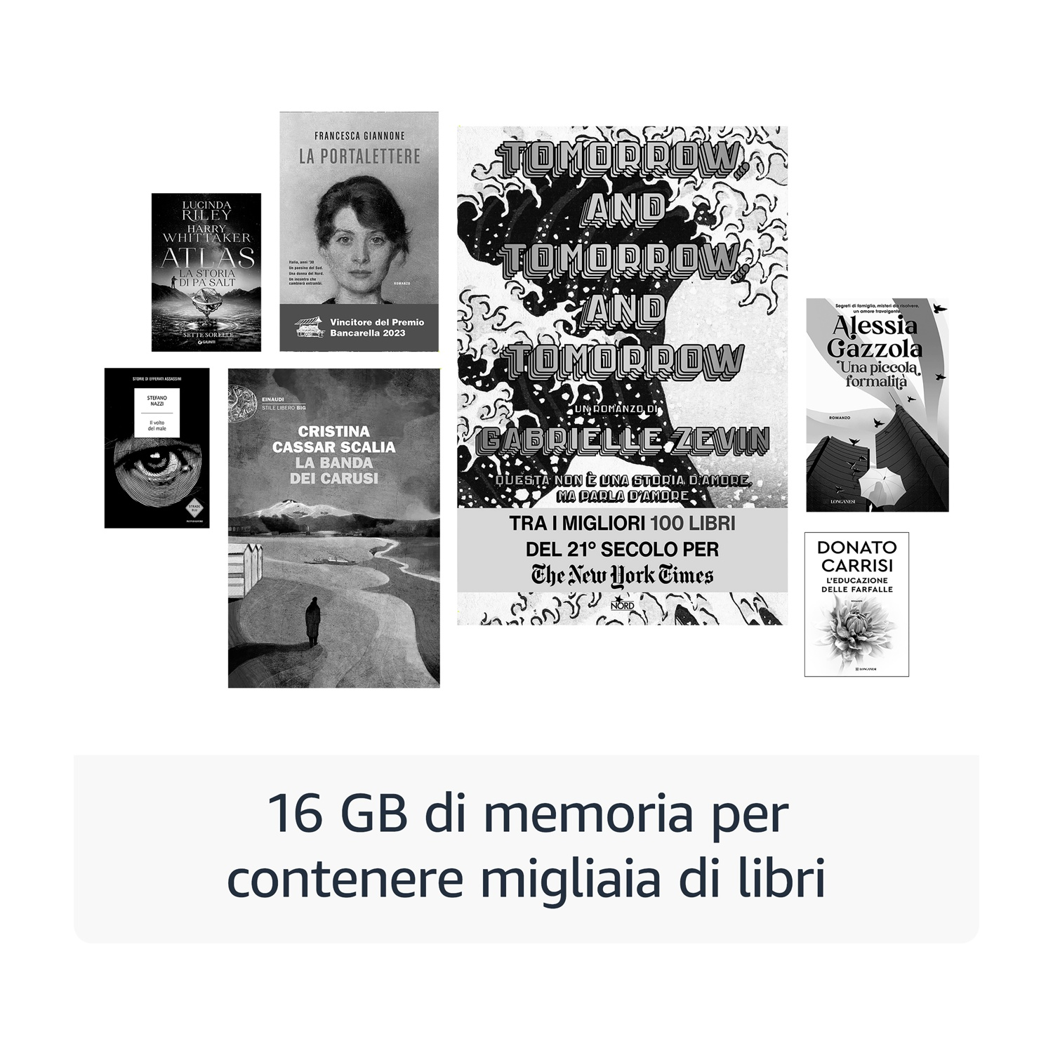 Libri e un testo che dice: '16 GB di memoria per contenere migliaia di libri'.