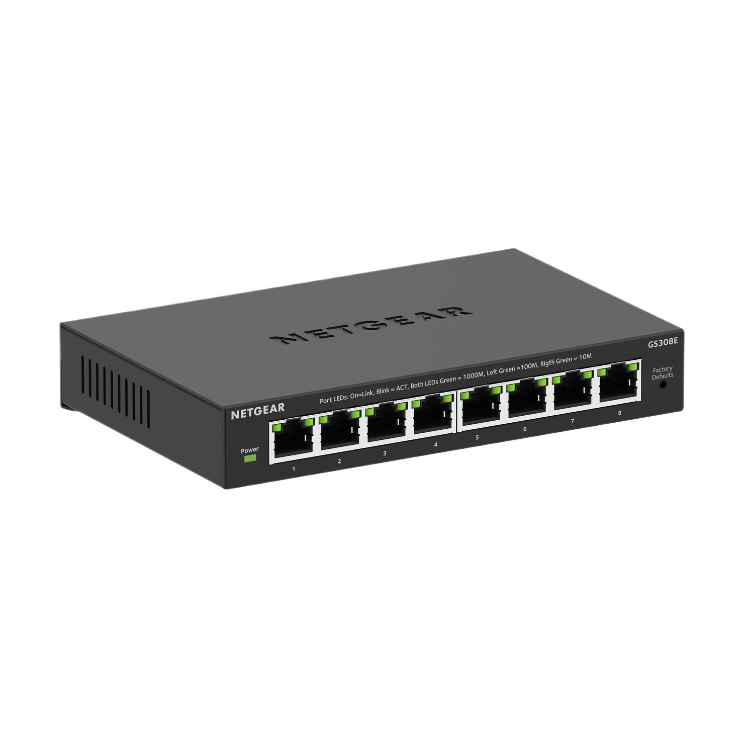 Un commutateur Gigabit Netgear noir à 8 ports. Avec voyants d'alimentation et d'activité, et huit ports numérotés.