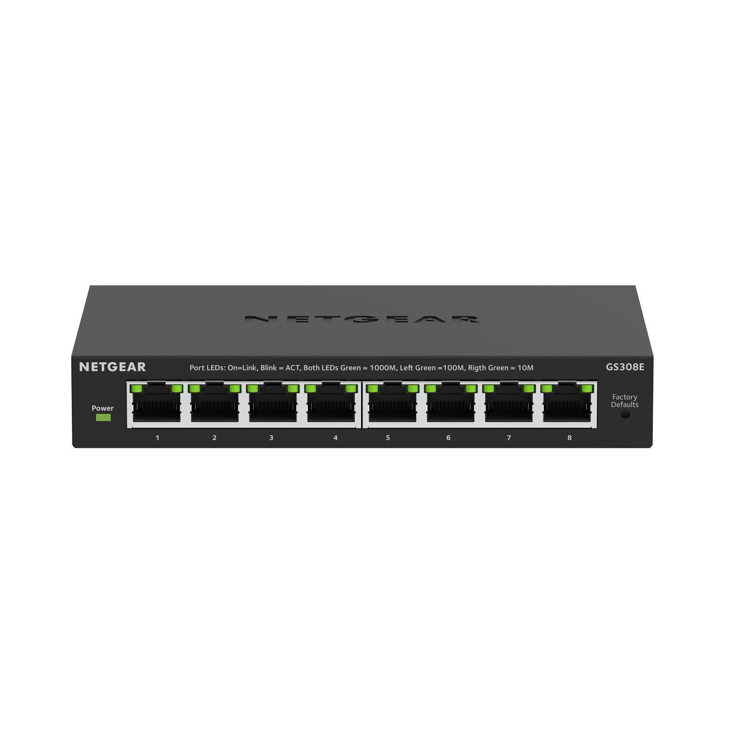 Commutateur réseau noir avec 8 ports, avec des lumières. Marque Netgear en haut.