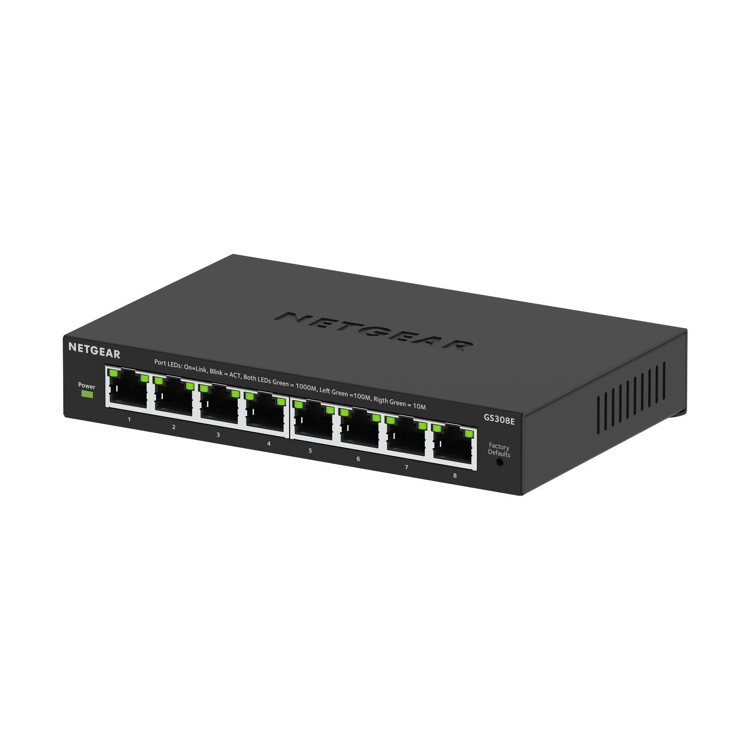 Switch NETGEAR GS308E noir avec 8 ports, LED et le logo NETGEAR.