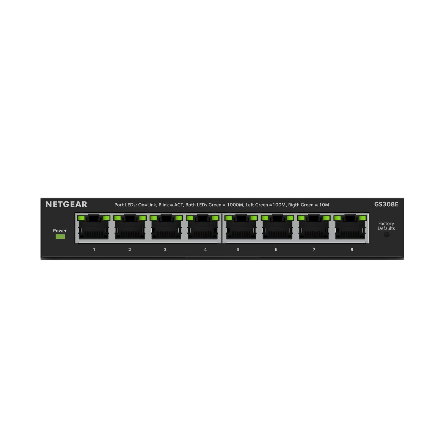 Switch réseau Netgear GS308E avec 8 ports, LED vertes et bouton paramètres usine.