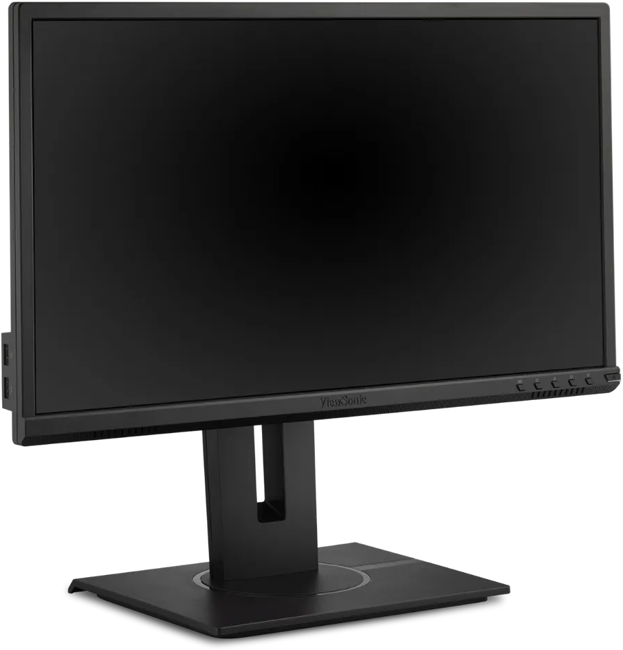 Fekete számítógép monitor fekete állványon. A képernyő fekete, ViewSonic logóval.