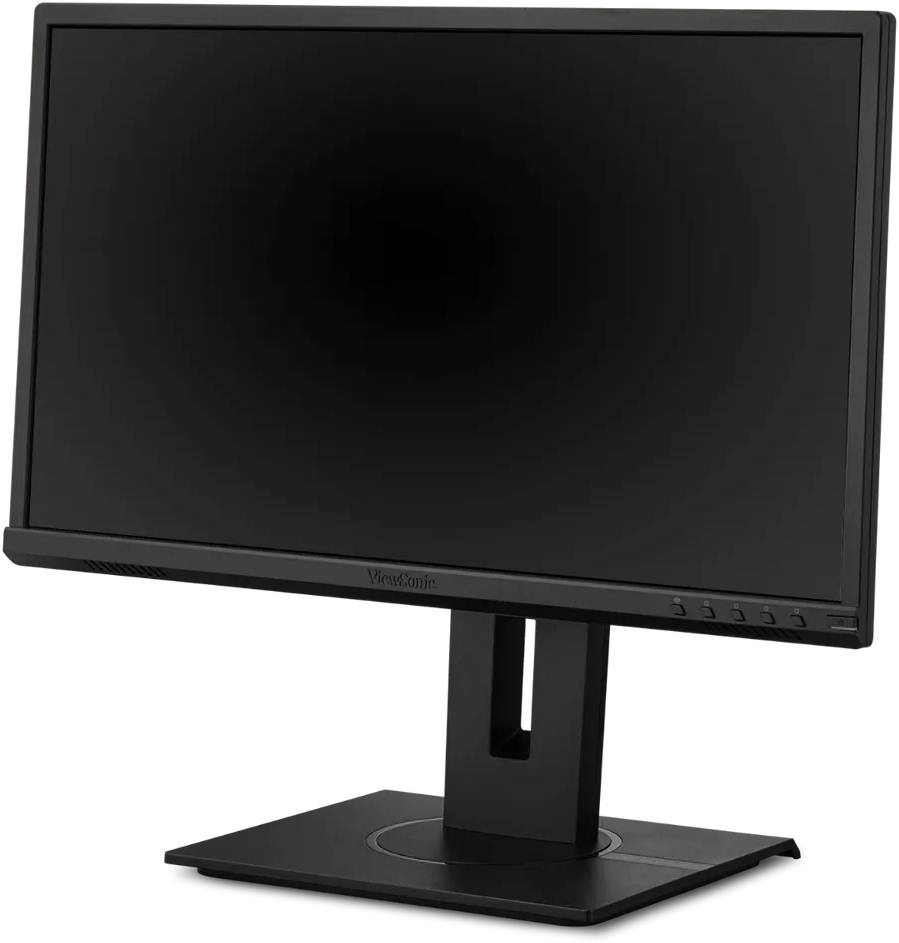 Egy fekete ViewSonic monitor, fekete állvánnyal és vezérlőkkel az alsó szélén.