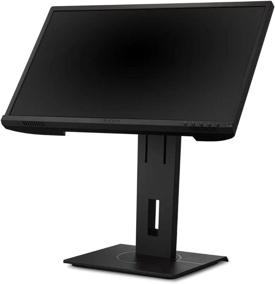 Fekete ViewSonic monitor állványon, döntött képernyővel, fekete háttér előtt.